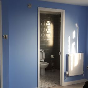 Blue painted walls with decorated bathroom